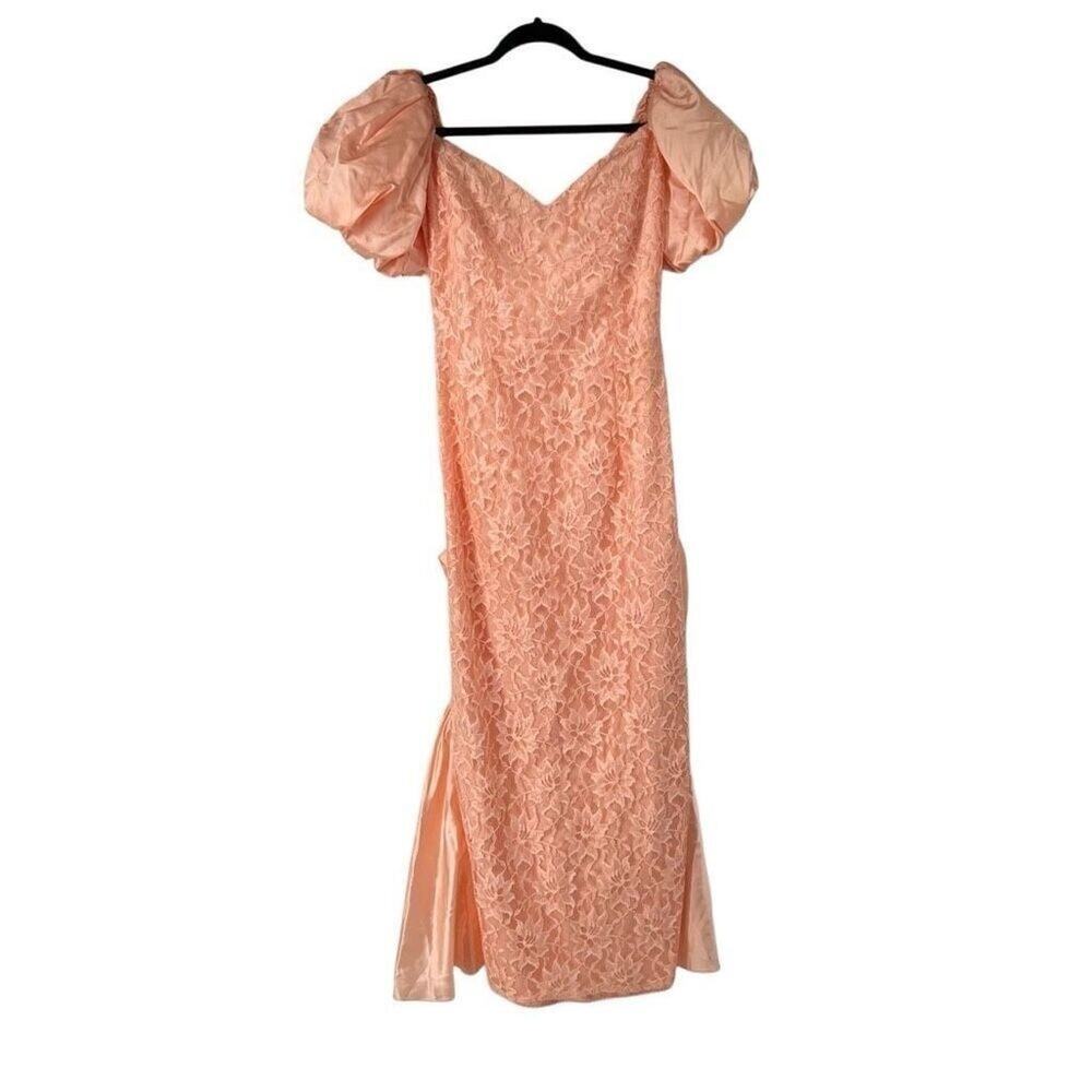 Vintage 80s Peach Floral Lace Puff Sleeve Large Bow Formal Dress S Womens